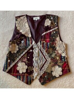 VTG Susan Bristol Lace Floral Patchwork Vest Women's XL Art-to-Wear Cottagecore